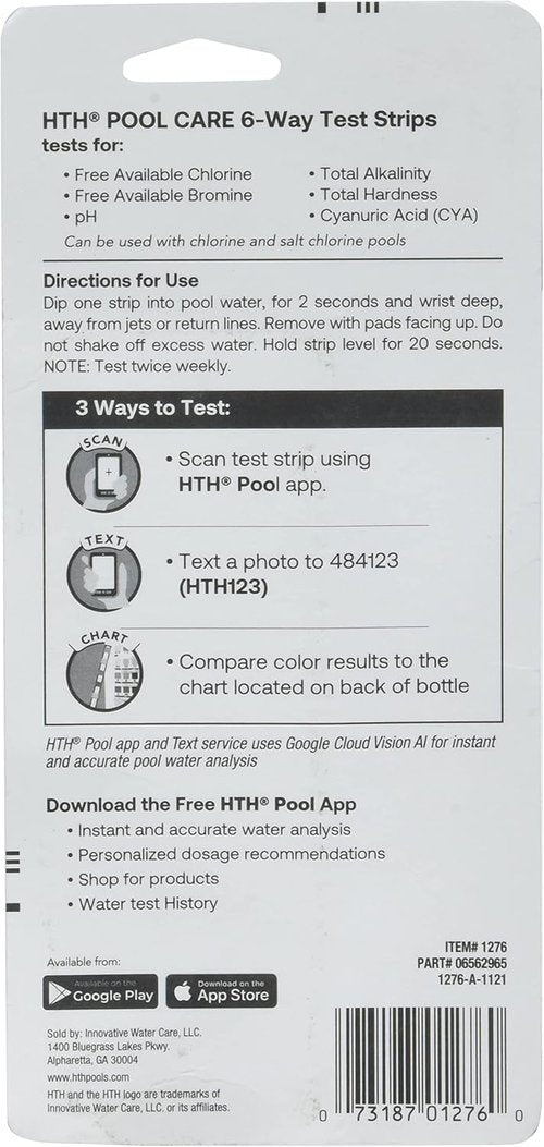 HTH 1276 Swimming Pool Test Strips - 6-Way Water Chemical Tester | 30 Strips for Accurate Testing