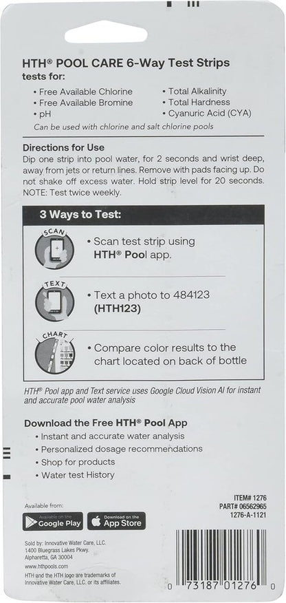 HTH 1276 Swimming Pool Test Strips - 6-Way Water Chemical Tester | 30 Strips for Accurate Testing