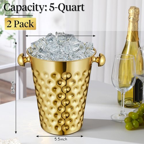 2 Pcs Gold Metal Champagne Ice Bucket 4.7 L Stainless Steel Doublewall Wine Ice Bucket for Bar, Party, Wedding, Banquet, Outdoor, BBQ(Hammer Texture)