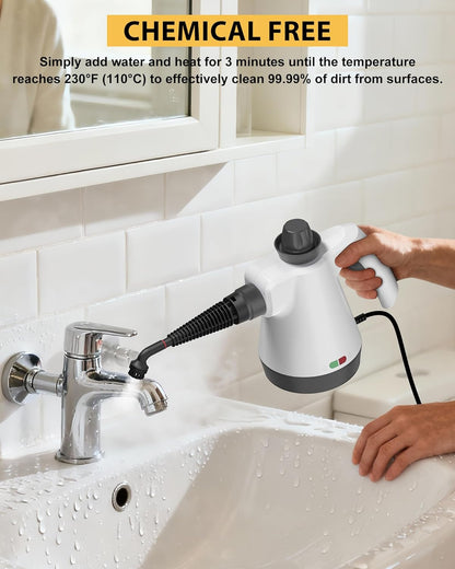 Steam Cleaner, Pressurized Handheld Steam Cleaner for Home with 12pcs Accessories & Safety Lock, Multi-Surface Powerful Natural Steamer for Deep Cleaning Grout, Kitchen, Bathroom, Car, Windows, White