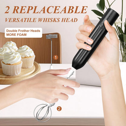 Milk Frother Powerful Handheld Rechargeable With 2 Stainless Heads 3 Speeds, Frother Wand Drink Mixer,Electric Whisk Foam Maker for Coffee,Lattes,Cappuccino,Hot Chocolate,Matcha, Egg- Black