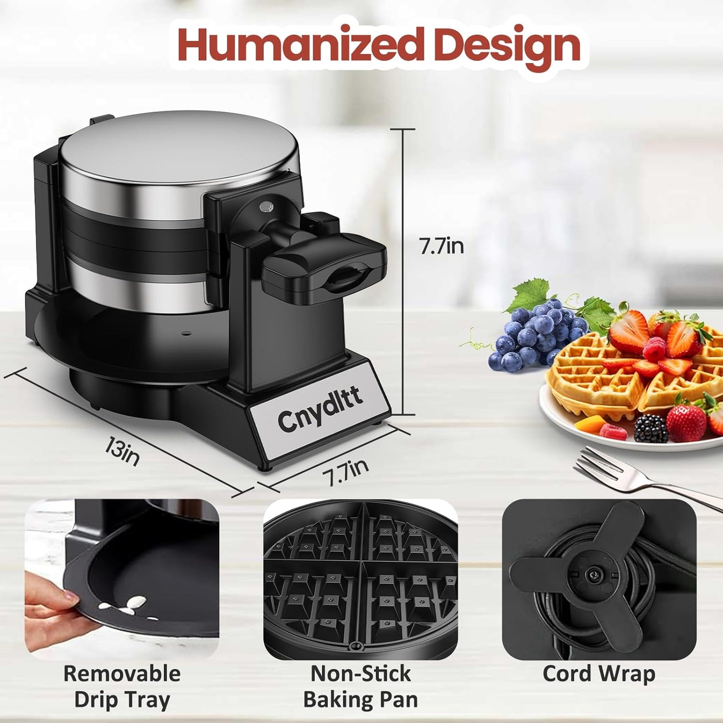 Skiennix Double Waffle Maker - 1400W Rotating Belgian Waffle Iron with Nonstick Plates & Removable Drip Tray | Black