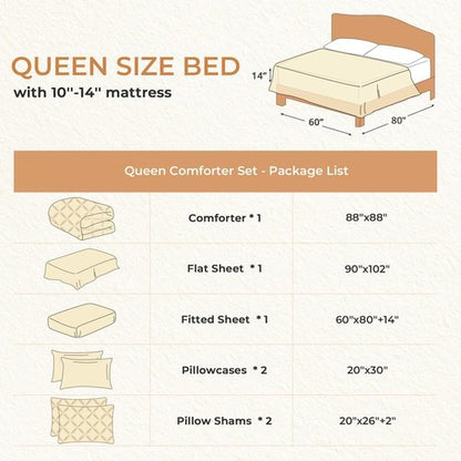 Sasttie Queen Comforter Set, 7-Piece Bed in a Bag, Pintuck Bedding Sets for All Season, Includes Comforter, Flat Sheet, Fitted Sheet, Pillowcases and Pillowshams, Beige
