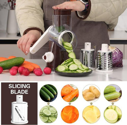 Cambom Rotary Cheese Grater - Hand Crank Shredder for Fresh Cheese, Vegetables & Nuts | Non-Slip Base, 3 Blades, Coffee Color