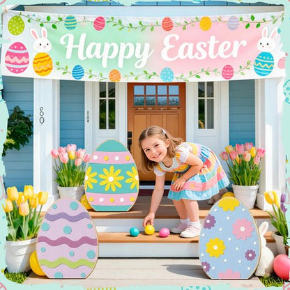 GlikCeil Easter Wooden Porch Sign - 3 Pcs 17'' Rustic Welcome Decor for Spring Outdoor Parties