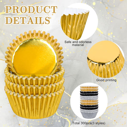 Whaline Graduation Foil Cupcake Liners - 300 Pcs Black, Silver & Gold Metallic Baking Cups for Parties