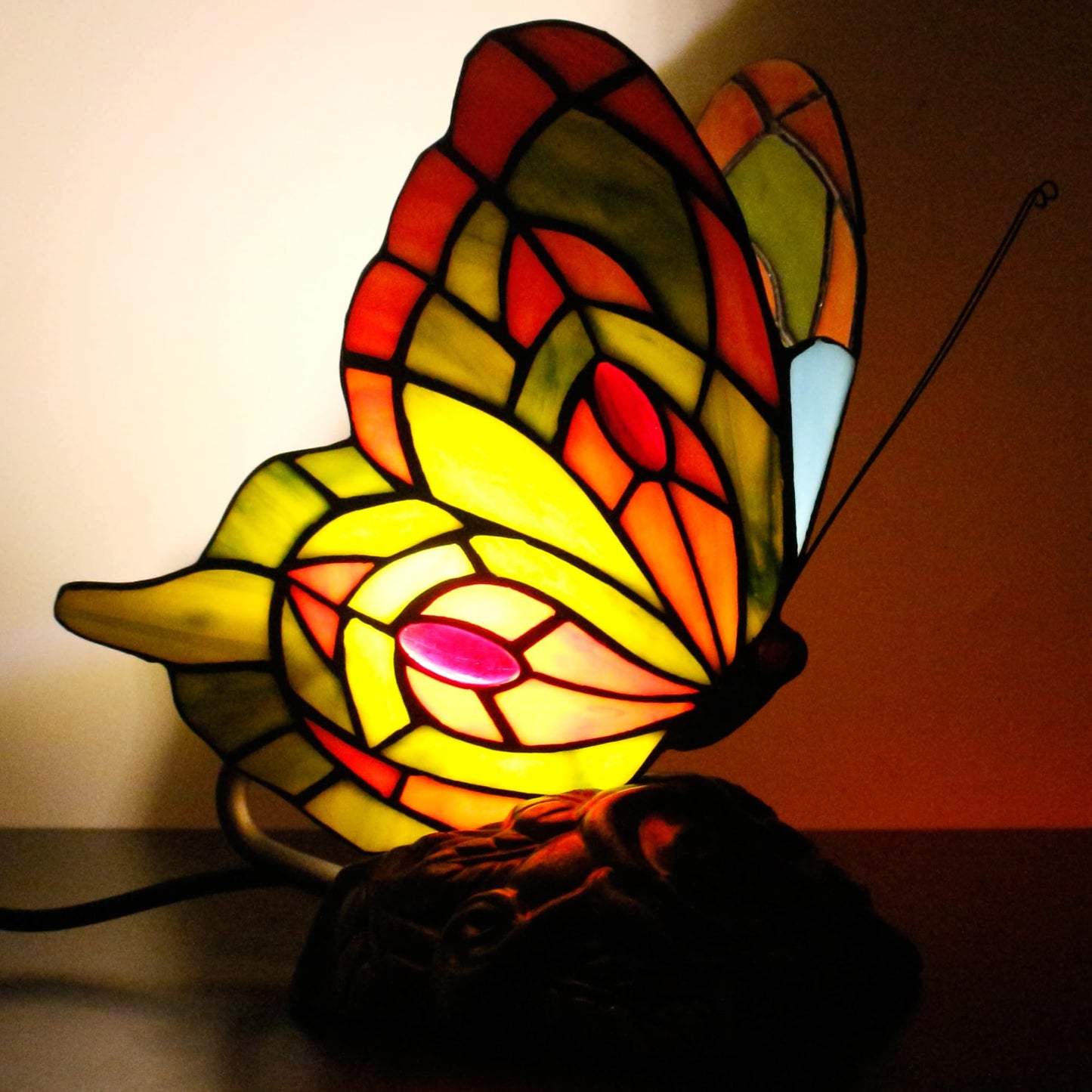 ZJART Small Tiffany Table lamp Stained Glass Butterfly Desk Lamp 7X5X9.8 Inch Accent Antique Light (Yellow Butterfly)