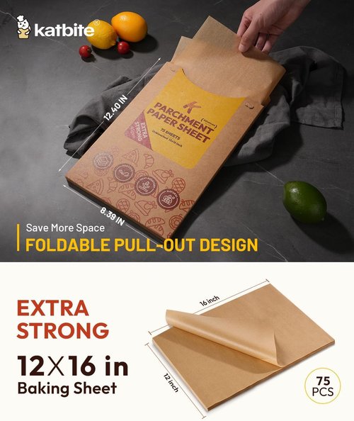 Katbite Unbleached Parchment Paper Sheets - 75 Pcs Heavy Duty Non-Stick 12x16 IN for Baking & Air Frying
