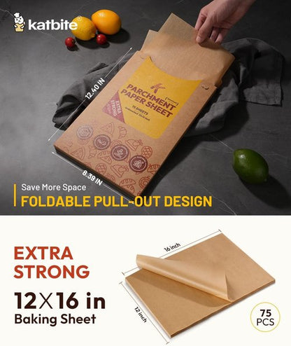 Katbite Unbleached Parchment Paper Sheets - 75 Pcs Heavy Duty Non-Stick 12x16 IN for Baking & Air Frying