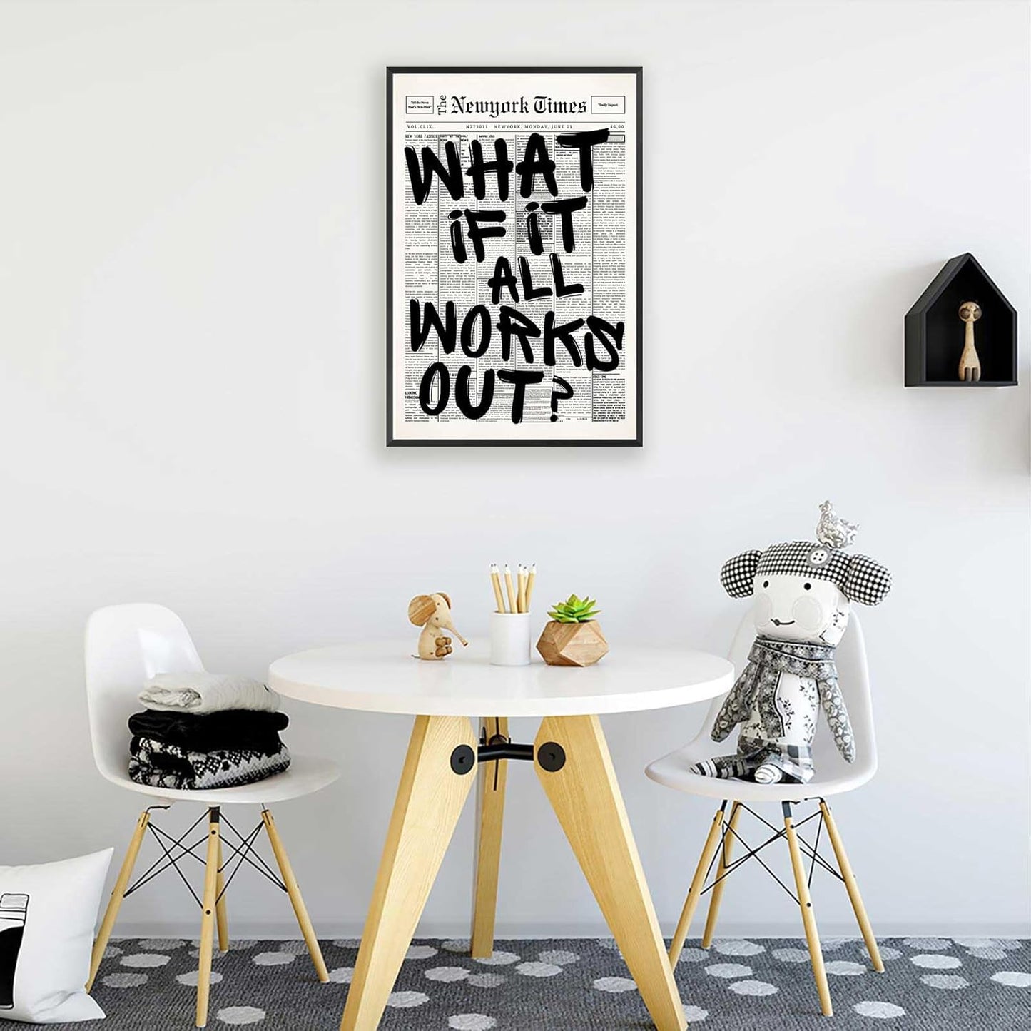 Retro Black And White Newspaper Poster - Positive Affirming Quote Canvas Wall Art | 16x24in Framed Minimalist Decor