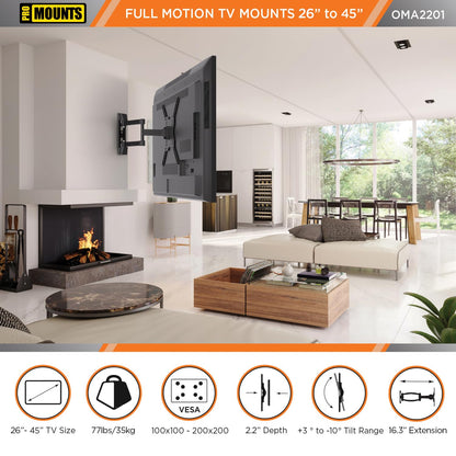ProMounts Articulating/Full Motion Heavy Duty TV Wall Mount Bracket for 26-45 Inch LED, LCD Plasma Flat and Curved TV Screens, Holds Up to 77 lbs, Max VESA 200x200