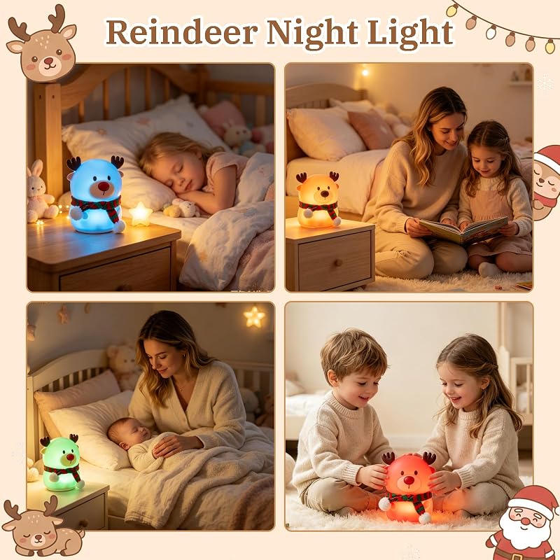Reindeer Night Light for Kids – 7-Color USB Rechargeable Silicone Lamp with 3 Brightness Levels, Christmas Scarf