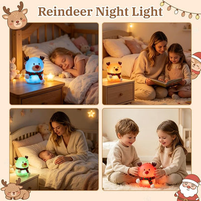 Reindeer Night Light for Kids – 7-Color USB Rechargeable Silicone Lamp with 3 Brightness Levels, Christmas Scarf