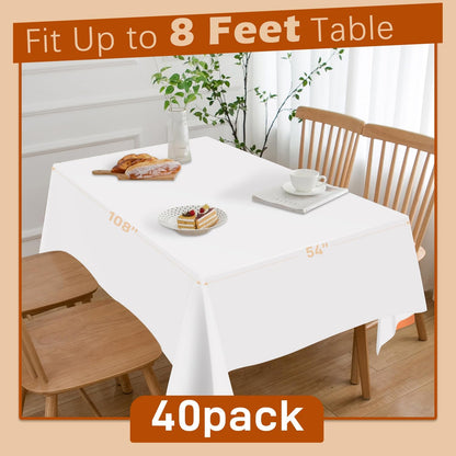 Skiennix Disposable White Plastic Tablecloths - 40 Pack, 54"x108" Rectangle Covers for Parties