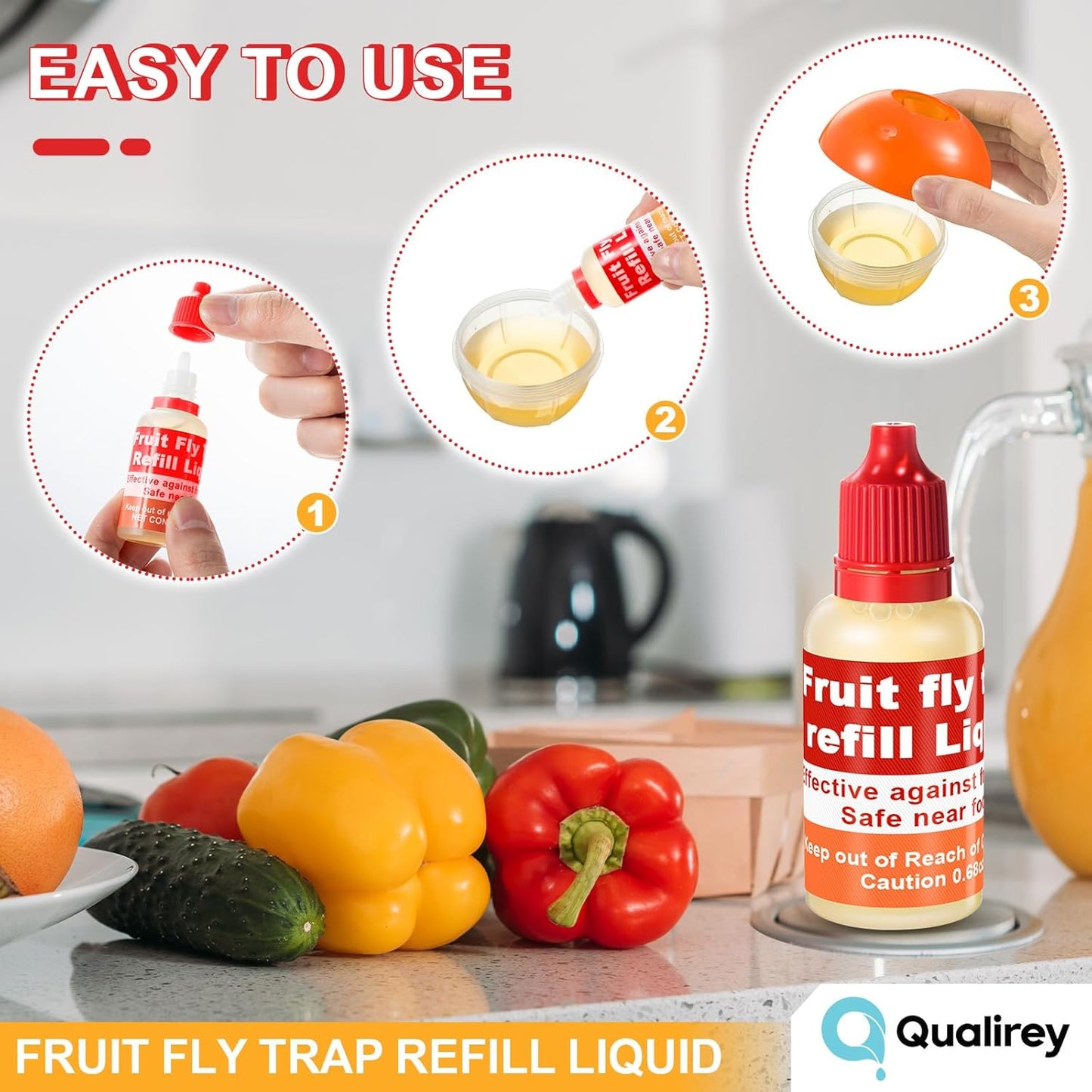 Qualirey Fruit Fly Trap Refill Liquid - 8 Pack, 0.68oz Bottles, Non-Toxic & Safe for Indoor Use