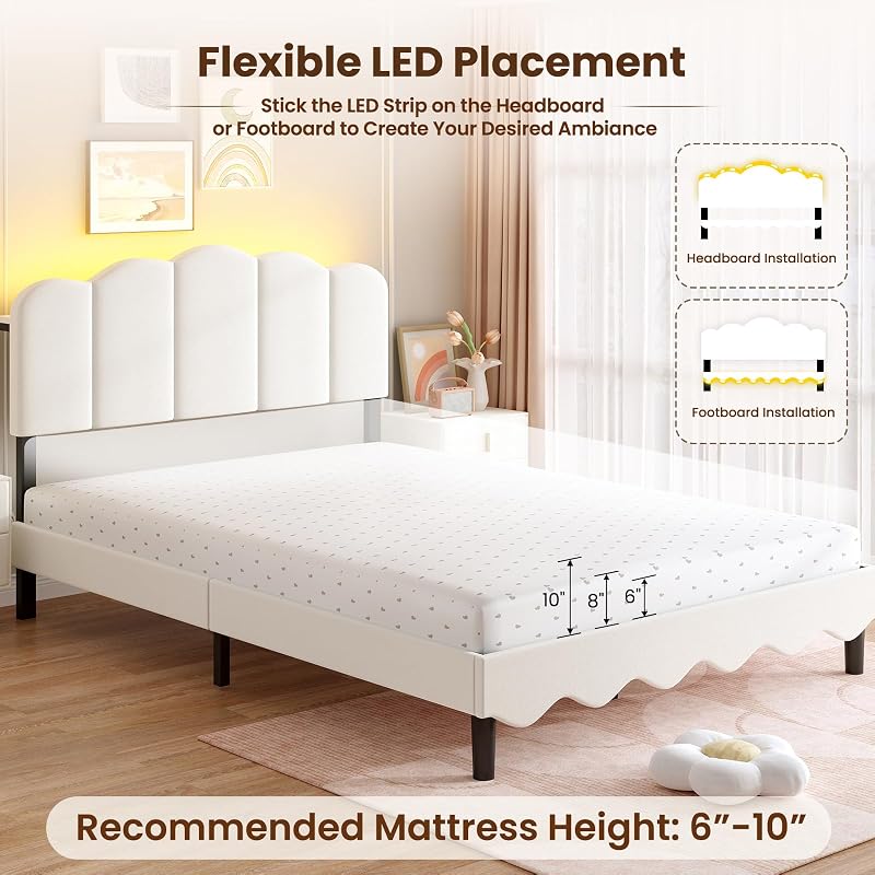 Full Size Storage Headboard Bed Frame with LED Lights, Beige - Variation: Beige+Full