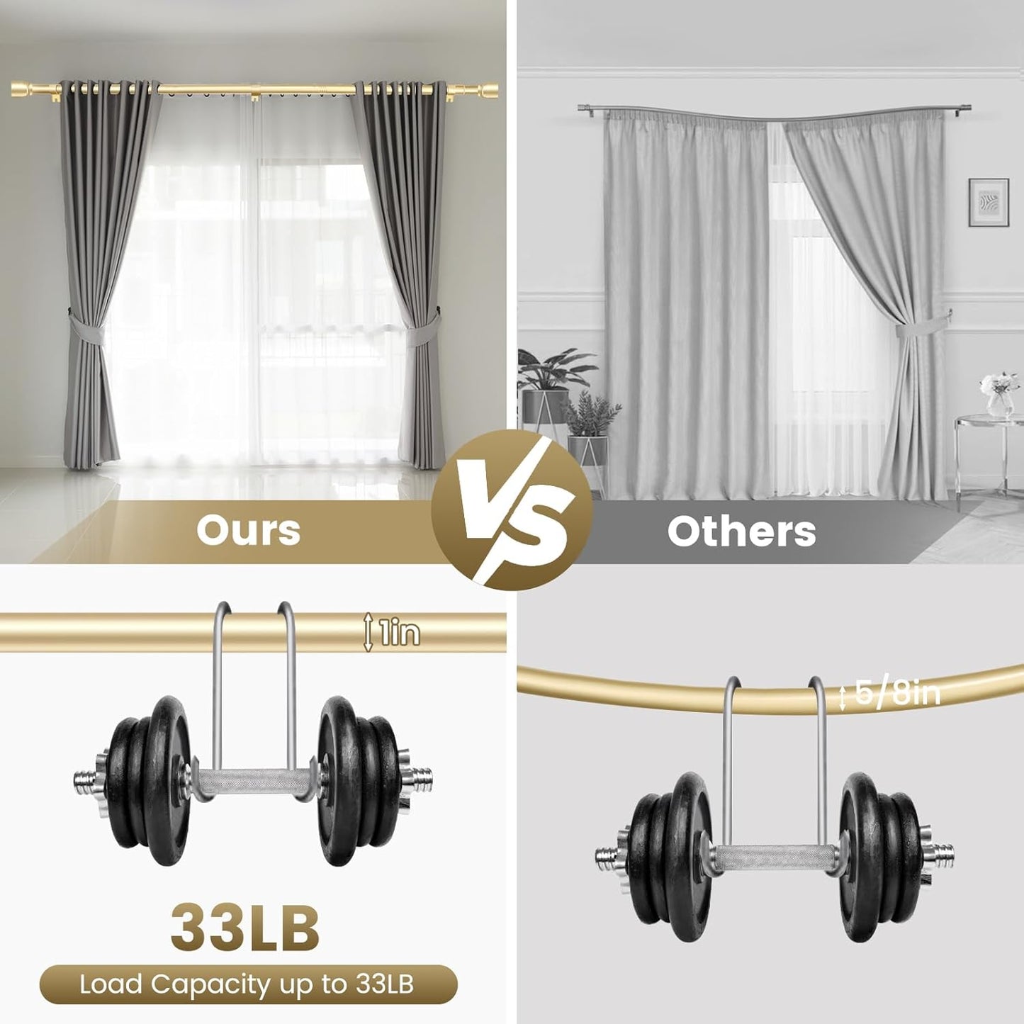Regine Switzerland 1” Diameter Adjustable Curtain Rod - Heavy Duty Gold Splicing Design, 30-144 Inch