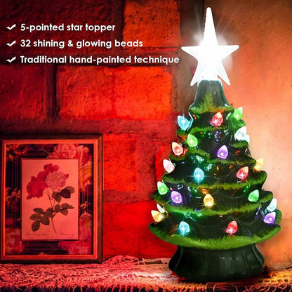 8” Hand-Painted Ceramic Christmas Tree with 32 Lights, 4H Timer - Green