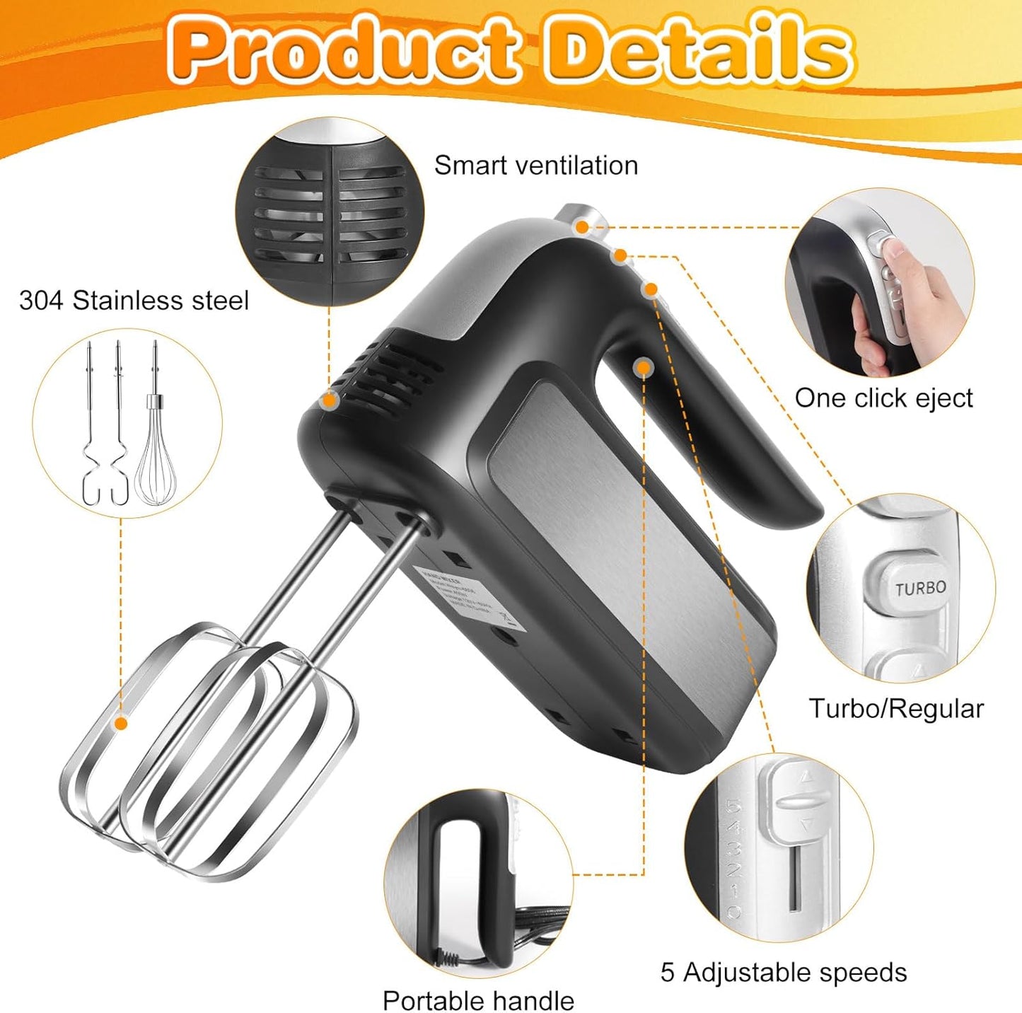 Skiennix 5-Speed Hand Mixer - Ultra-Powerful Electric Mixer with Turbo Function & 5 Attachments