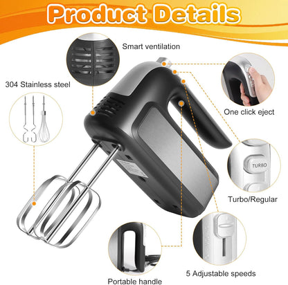 Skiennix 5-Speed Hand Mixer - Ultra-Powerful Electric Mixer with Turbo Function & 5 Attachments