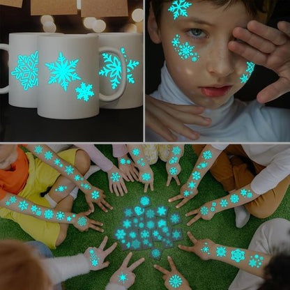 CHARLENT Blue Luminous Snowflake Temporary Tattoos - 74 Sheets of White Snowflake Designs for Kids & Adults | Perfect for Winter & Christmas Parties