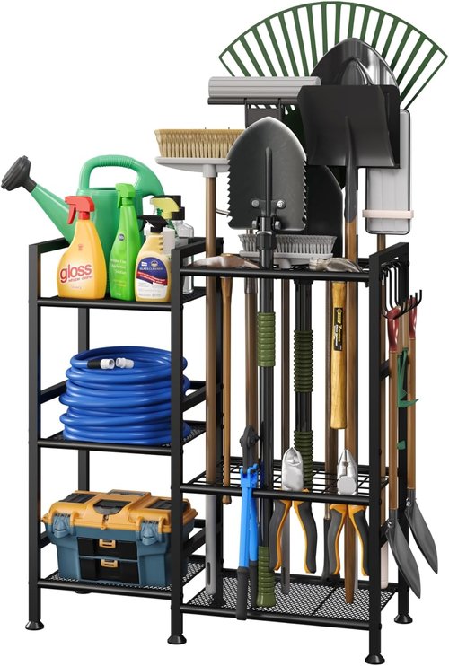 Keomaisyto Garden Tool Organizer - Heavy Duty 3-Tier Storage Rack with 35 Long-Handled Tool Slots | Ideal for Garage & Shed