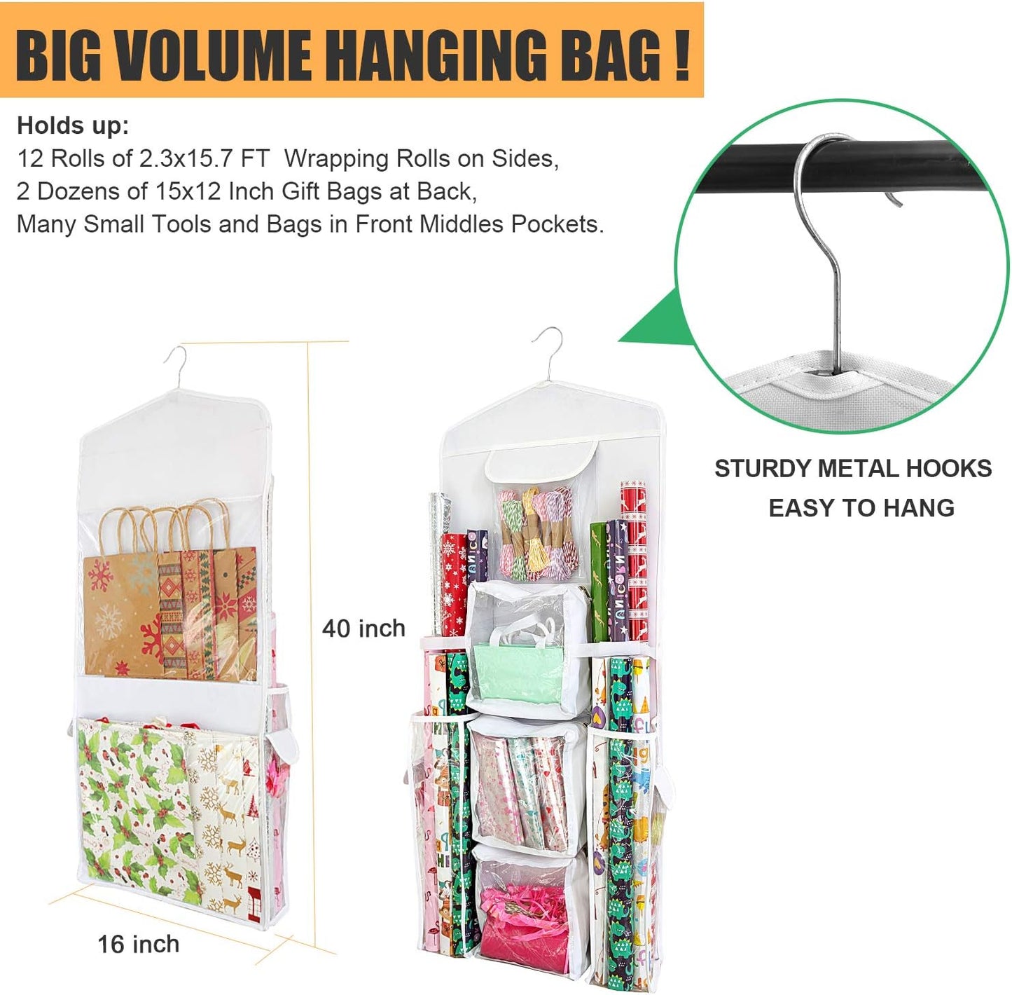 SumDirect Double-Sided Gift Wrap Organizer - White Hanging Storage for Wrapping Paper & Gift Bags