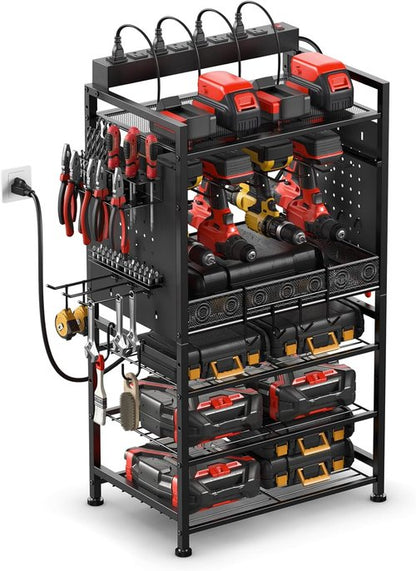 JUNNUJ Power Tool Organizer - Adjustable Floor Stand with Charging Station & 8 Outlet Power Strip | Heavy-Duty Black Utility Shelf