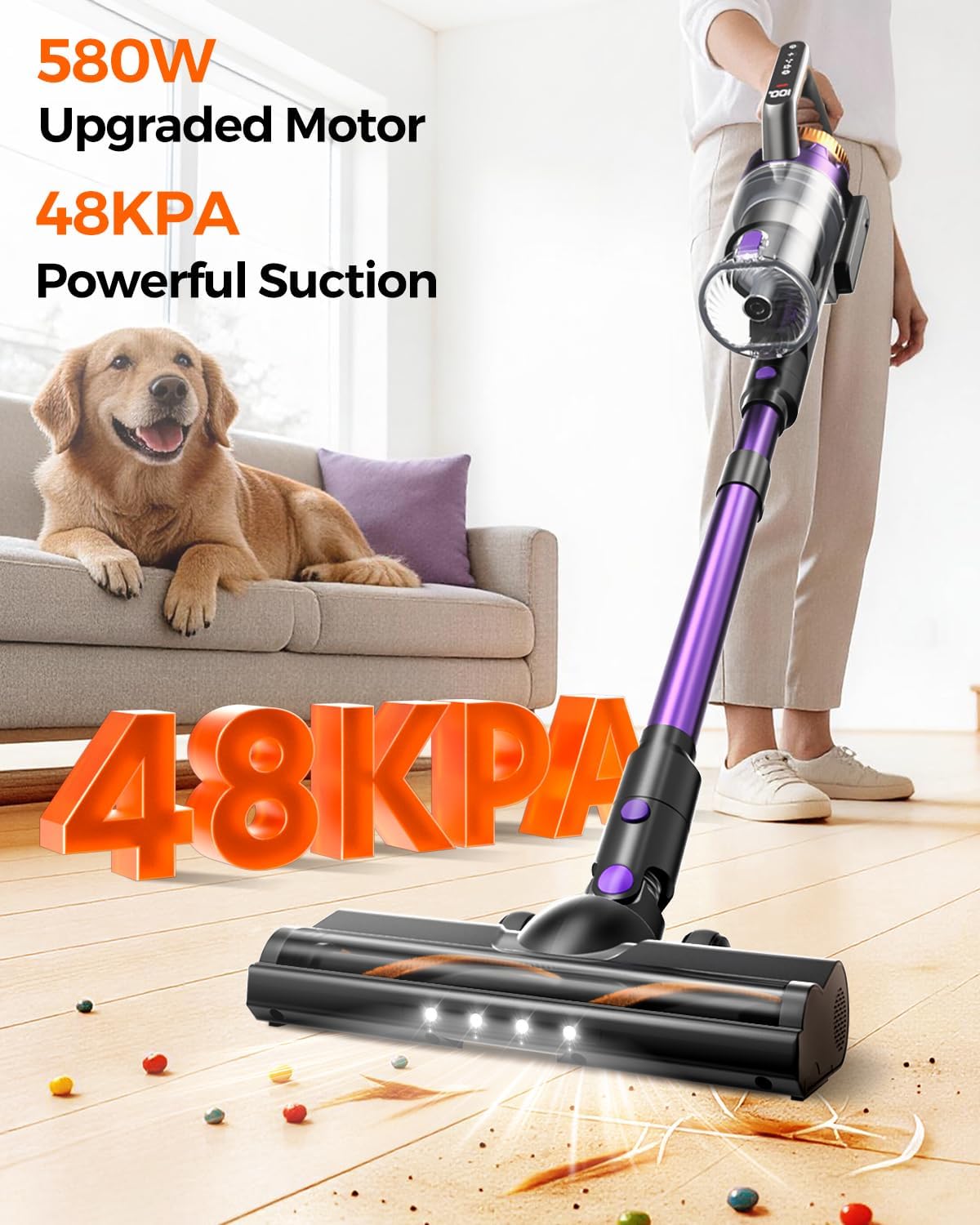 Skiennix Cordless Vacuum Cleaner - 580W Powerful Suction, 65 Min Runtime, Lightweight Stick for Pet Hair & Hard Floors