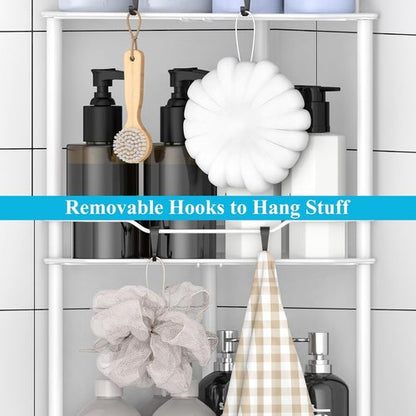 HuggieGems Corner Shower Caddy Organizer - 4 Tier Floor Standing Shelf with Hooks | White Bathroom Rack