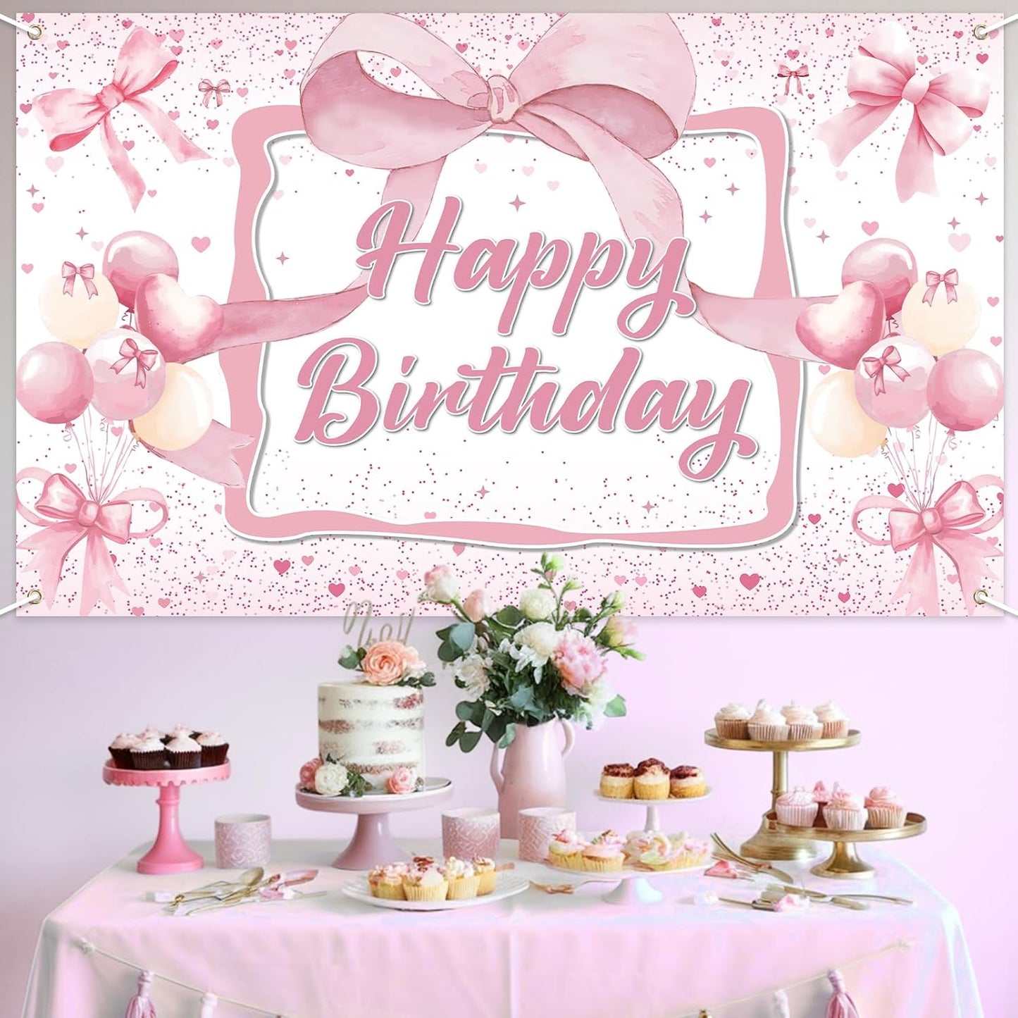 Skiennix Pink Bow Birthday Backdrop - Happy Birthday Banner Decorations for Girls' Parties