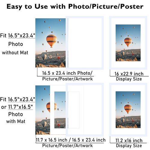 JCJMY 16.5x23.4 A2 Picture Frame White with 11.7x16.5 A3 Mat, Display Photo 11.7x16.5 with Mat or 16.5 x 23.4 Without Mat, Wall Hanging Large Frame with Plexiglass, White