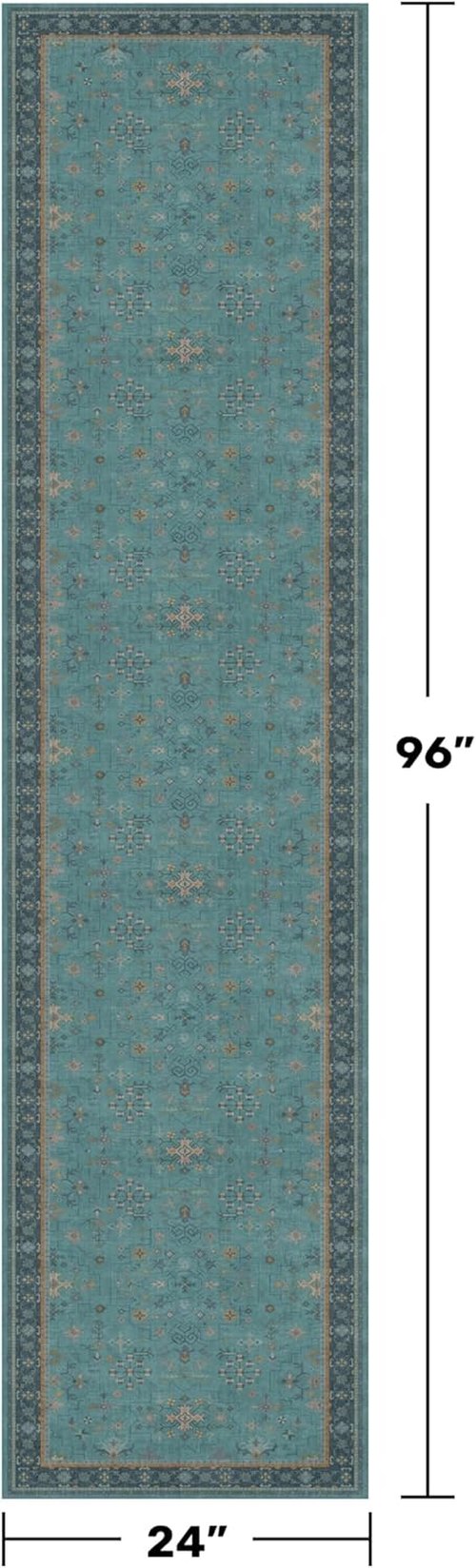 Boho Non-Slip Kitchen Runner Rug - Machine Washable Vintage Carpet in Floral Aqua Blue (2x8 ft)
