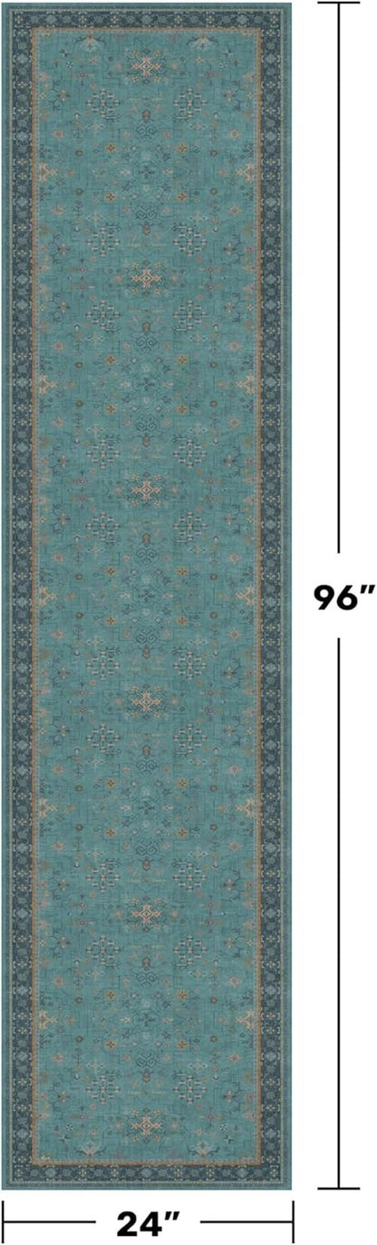Boho Non-Slip Kitchen Runner Rug - Machine Washable Vintage Carpet in Floral Aqua Blue (2x8 ft)