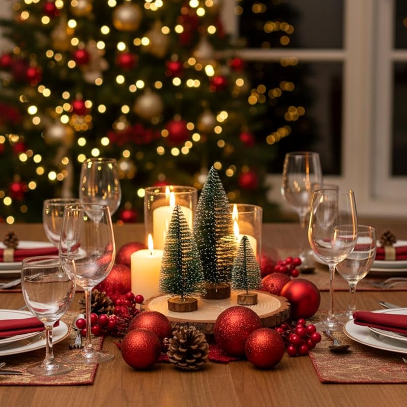 18 Pcs Bottle Brush Christmas Trees & 6 Natural Wood Slices Set, 3 Sizes
