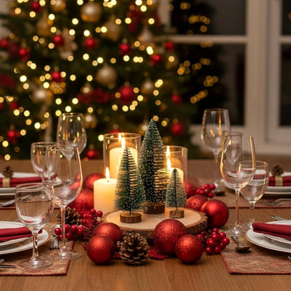 18 Pcs Bottle Brush Christmas Trees & 6 Natural Wood Slices Set, 3 Sizes