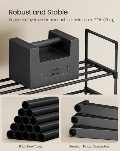 SONGMICS Shoe Rack, 10-Tier Shoe Organizer, Metal Storage Shelf, Upright or Upside Down, for 44-55 Pairs, for Entryway, 11.8 x 36.2 x 68.1 Inches, Black ULSA011B01