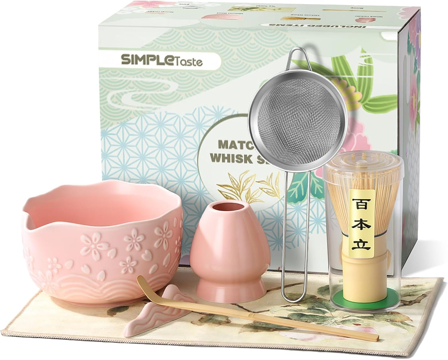 SIMPLETaste Matcha Whisk Set - 7-Piece Ceramic Kit with Bowl, Whisk, Bamboo Scoop & More | Pink