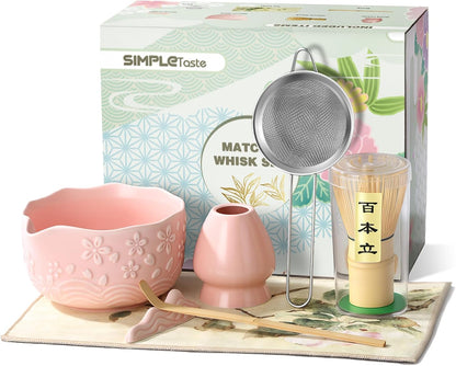 SIMPLETaste Matcha Whisk Set - 7-Piece Ceramic Kit with Bowl, Whisk, Bamboo Scoop & More | Pink