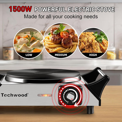 Techwood Single Burner Hot Plate - 1500W Electric Stove with Adjustable Temperature & Stay Cool Handles | 7.3" Cooktop in Silver for RV/Home