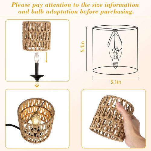 Chandelier Shades Set of 6, Small Rattan Lamp Shades Clip on Bulb, 5.1 x 5.1in Boho Lamp Shades Replacement, Mini Cylinder Woven Lampshade, Clip on Lamp Shade for Floor Lamp Pendant Light Wall Sconces