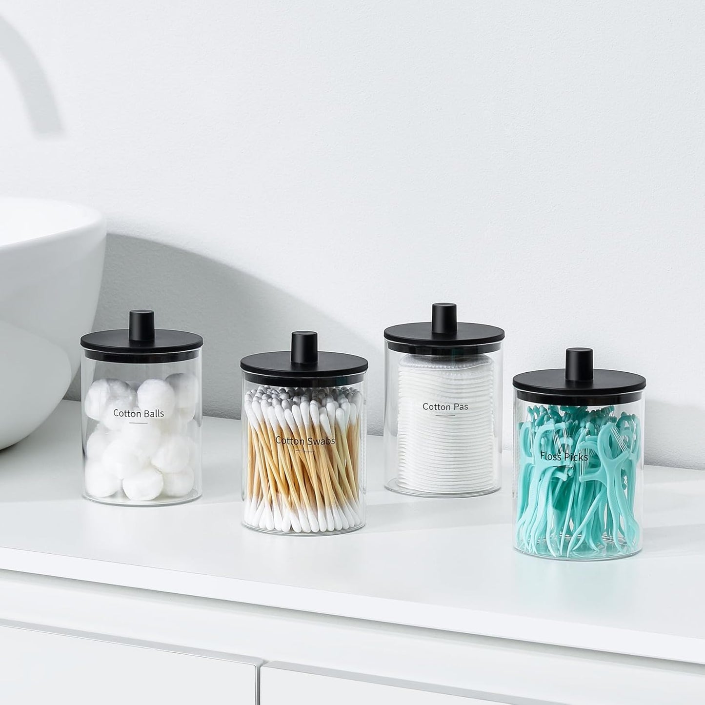 TIPGO Glass Qtip Holder Dispenser - 10 oz Clear Apothecary Jar for Cotton Swabs & Makeup Storage | 4 Pack, Black