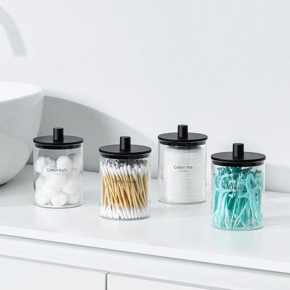 TIPGO Glass Qtip Holder Dispenser - 10 oz Clear Apothecary Jar for Cotton Swabs & Makeup Storage | 4 Pack, Black