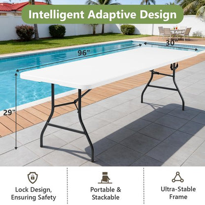 FurniEdge Folding Table 8FT Heavy Duty Plastic Table with Handle, Foldable&Portable, Fold-in-Half Utility Tables for Outdoor, Dining, Wedding, Events, Indoor, Picnic, Camping, Party, White