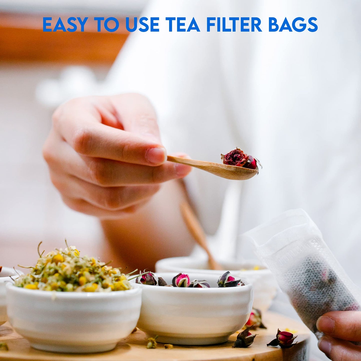 100 Empty Tea Bags 2.5” x 2.75” White Compostable, These Heat Sealable Tea Infuser for Loose Tea Herbs are Organic Disposable Tea Strainer Bags made of Wood (pulp) Fibers