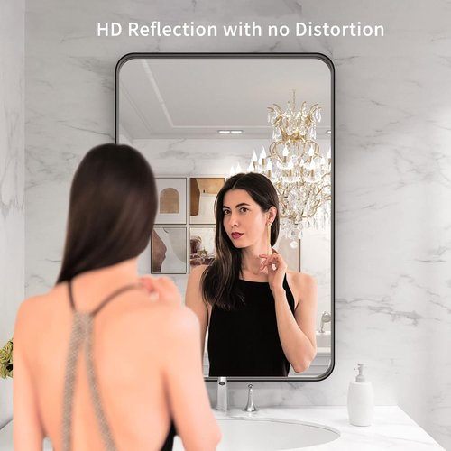 LOAAO Black Metal Framed Bathroom Mirror - 28x36 Inch, Matte Finish, Anti-Rust, Versatile Hanging Options