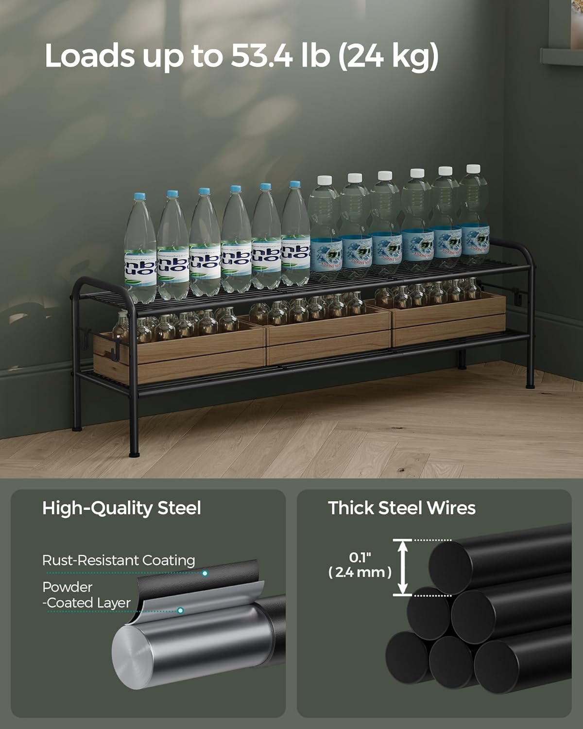 SONGMICS Shoe Rack - 2-Tier Metal Organizer with 4 Side Hooks | Holds 18 Pairs, Height-Adjustable, Ink Black