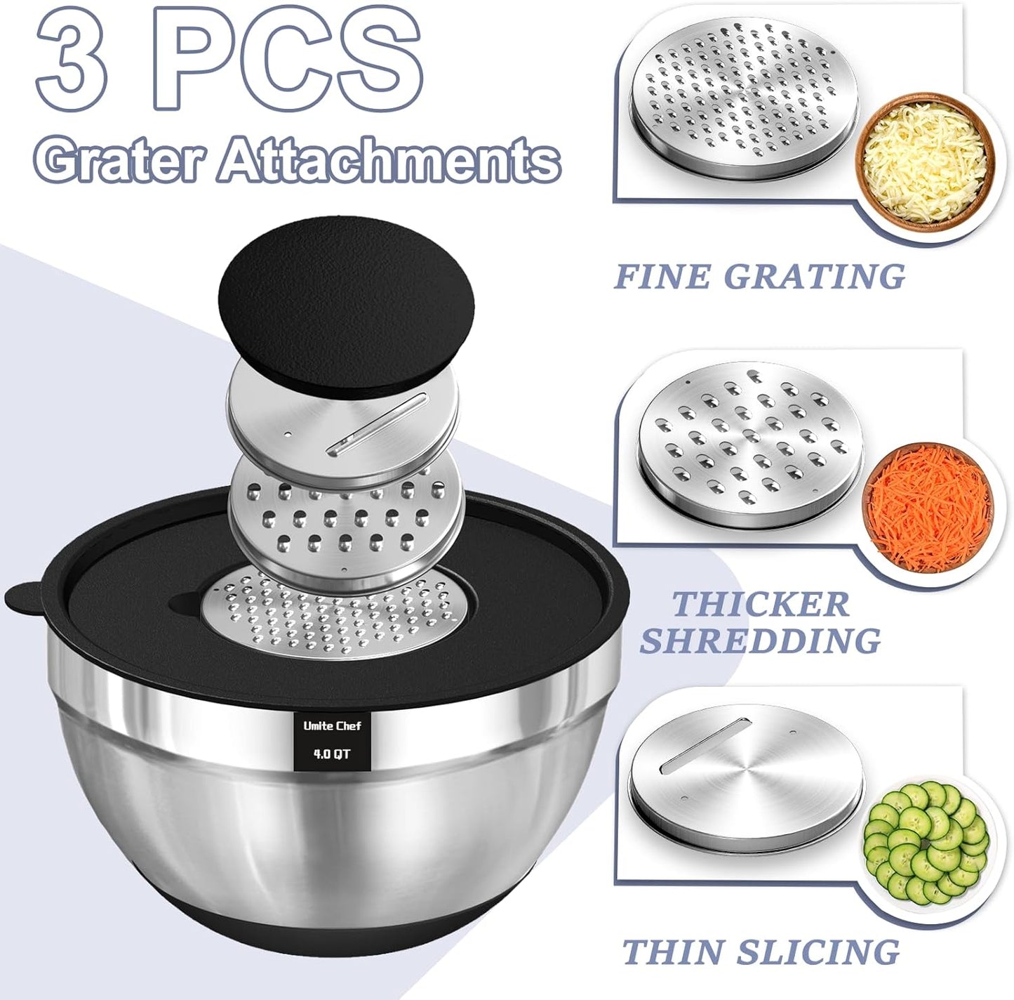 Umite Chef Mixing Bowls - 8PCS Stainless Steel Set with Airtight Lids & Grater Attachments | Non-Slip Bottoms, Black, 1.5QT to 5QT