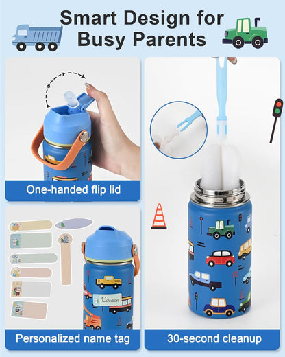 Skiennix Kids Water Bottle 14oz - Insulated Stainless Steel with Silicone Straw Lid | Leak-Proof Cars & Trucks Design, Custom Name Tag for School & Travel