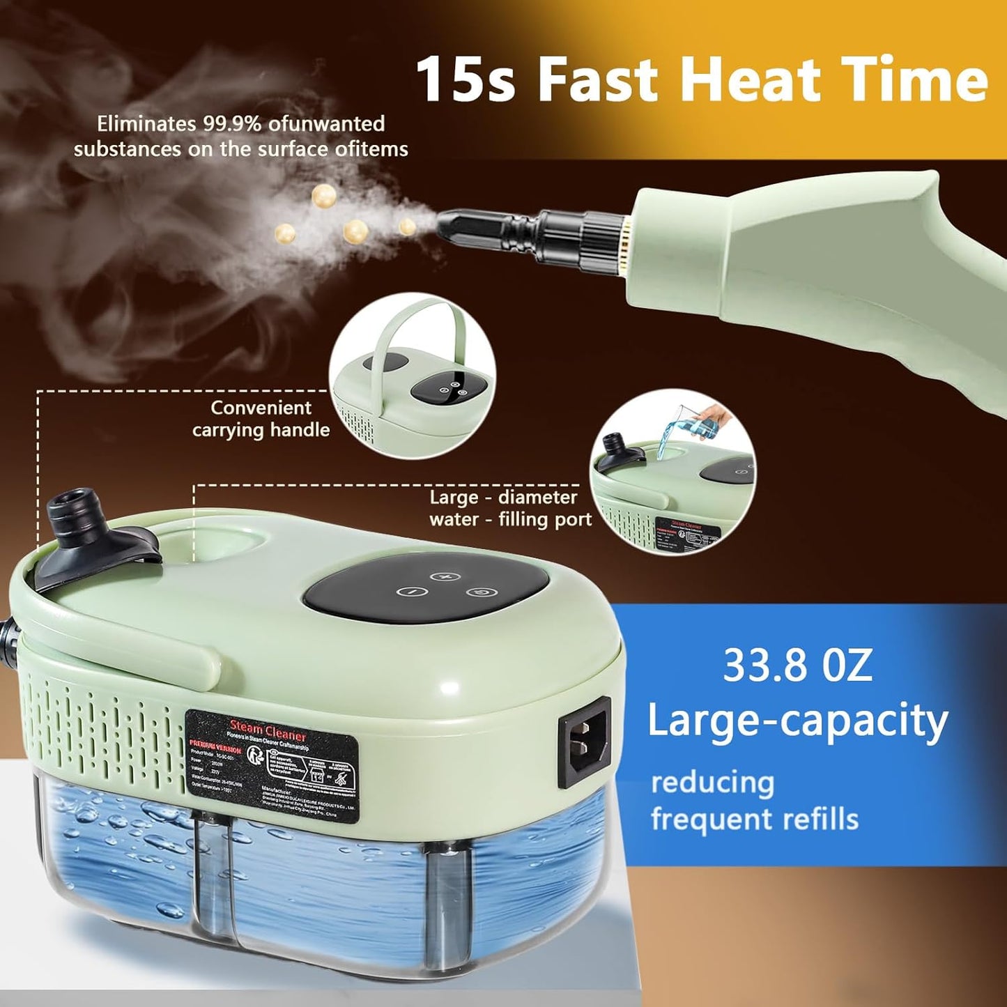 Skiennix Steam Cleaner - High Pressure Handheld Steamer with 11 Accessories | 15s Heat-Up, Adjustable Handle